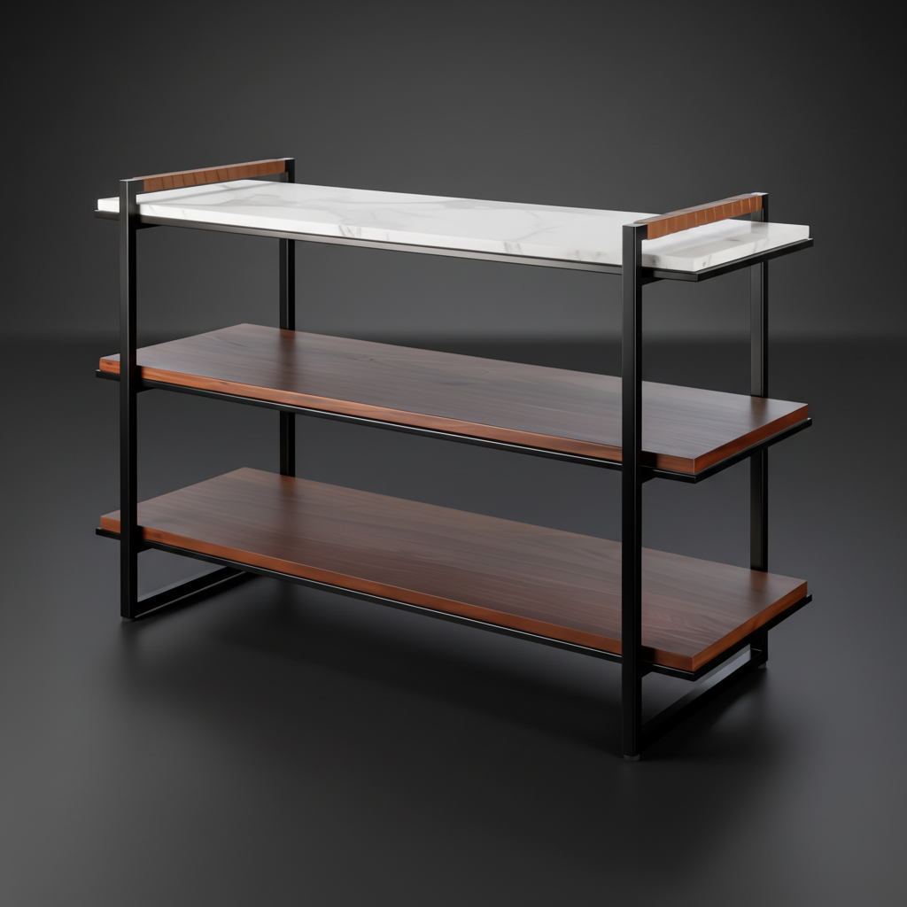 Surya Novelle Bookcase with white marble top, metallic bronze iron, stained acacia shelves, and leather handles.