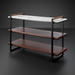 Surya Novelle Bookcase with white marble top, metallic bronze iron, stained acacia shelves, and leather handles.