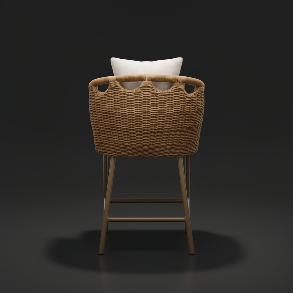 Surya Marvella outdoor bar stool with woven rattan back, light cushion, and dark brown aluminum base.