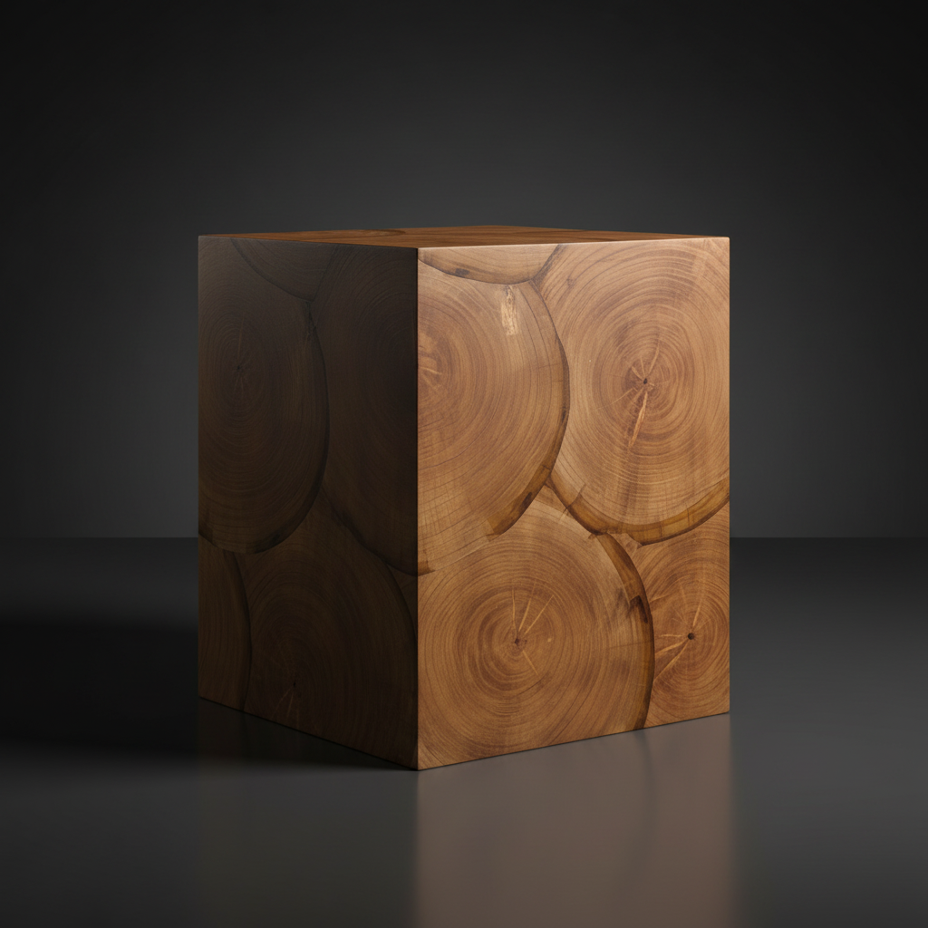 Surya Brax end table, a compact brown lacquered acacia block with natural wood grain and knot patterns.