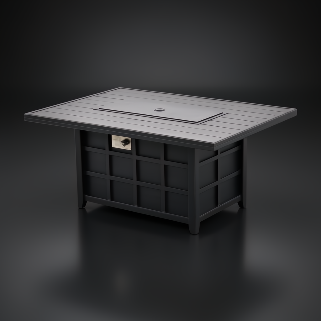 Surya Fairborn black hand-painted aluminum fire table with slatted top and tray cover.