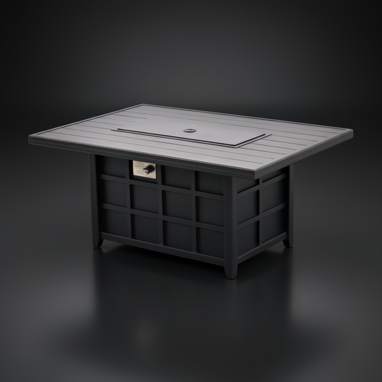 Surya Fairborn black hand-painted aluminum fire table with slatted top and tray cover.