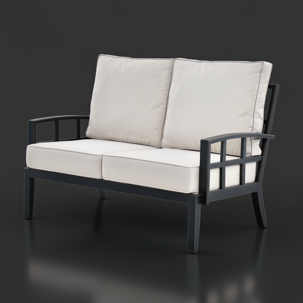 Surya Fairborn Loveseat: Black aluminum frame outdoor sofa with light acrylic cushions.