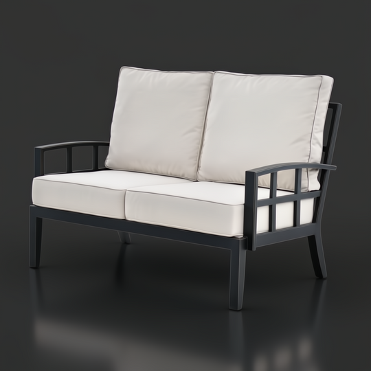 Surya Fairborn Loveseat: Black aluminum frame outdoor sofa with light acrylic cushions.