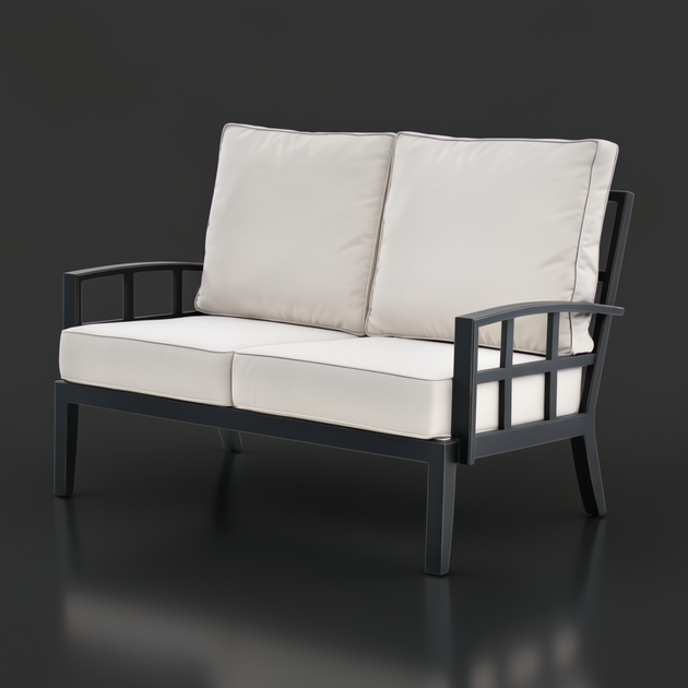 Surya Fairborn Loveseat: Black aluminum frame outdoor sofa with light acrylic cushions.