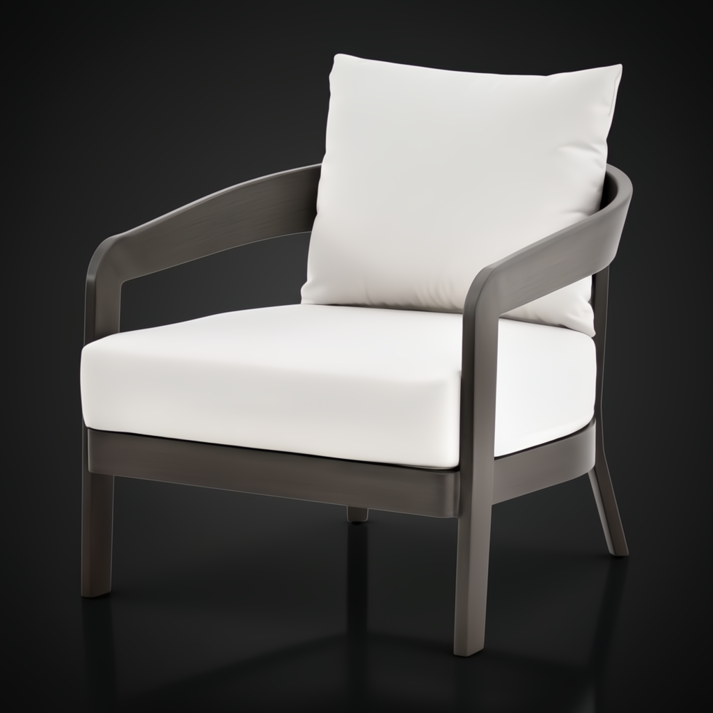 Surya Daniella outdoor accent chair with white Sunbrella cushions and a gray aluminum base.