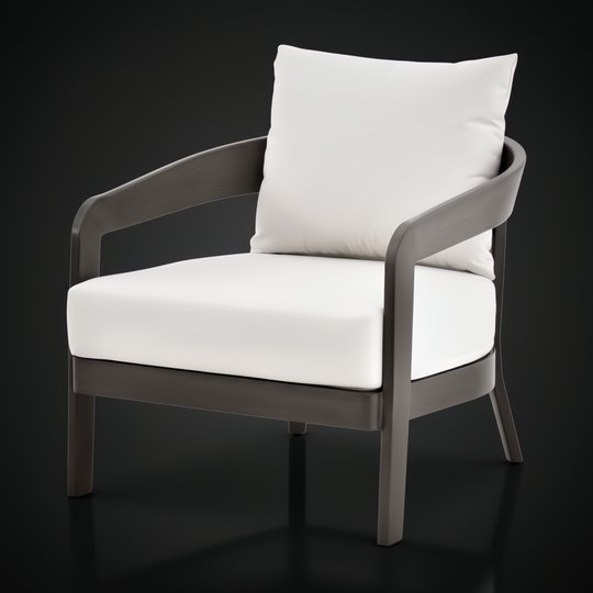 Surya Daniella outdoor accent chair with white Sunbrella cushions and a gray aluminum base.
