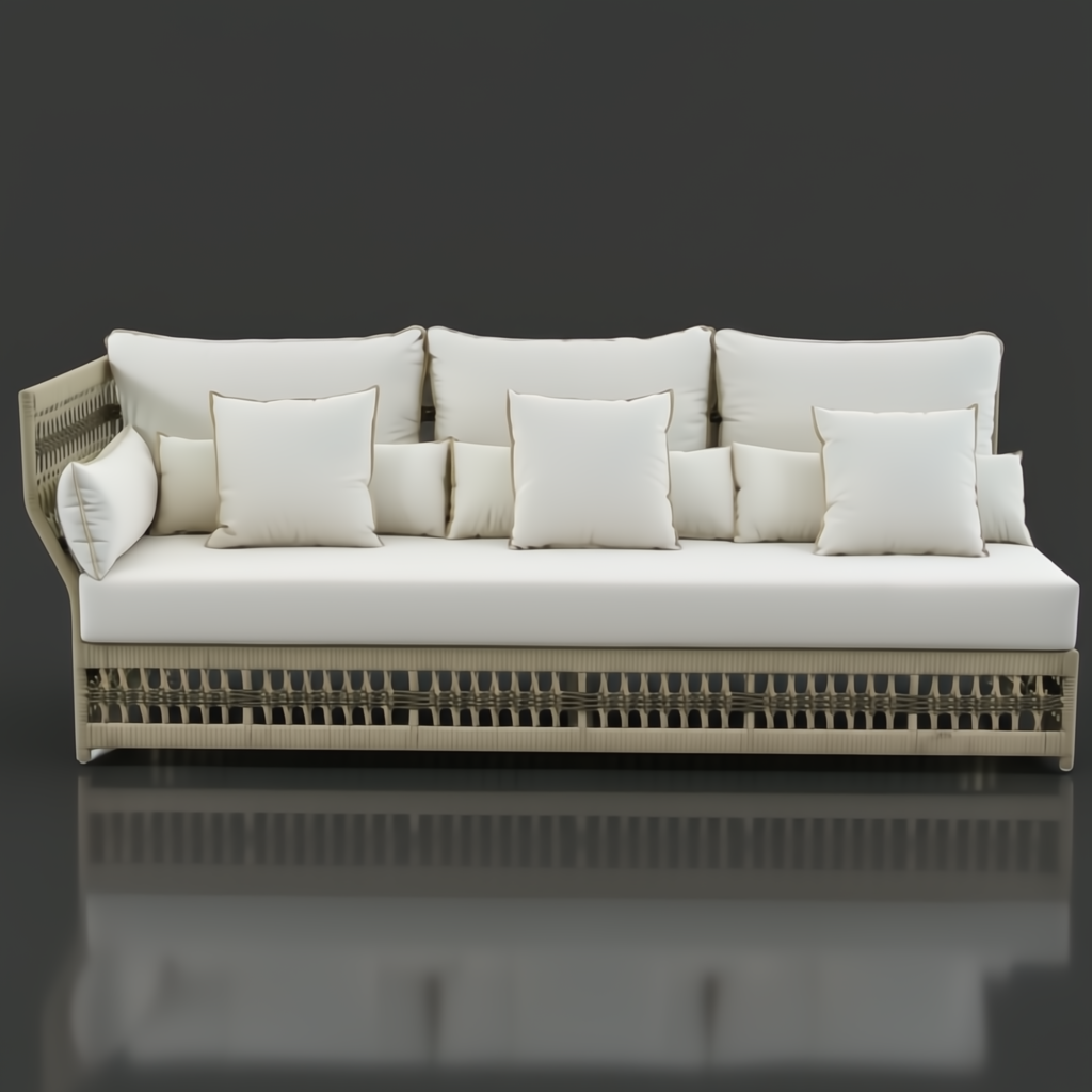 Winder Sectional Left Arm in cream Sunbrella acrylic with an aluminum base and woven detail.