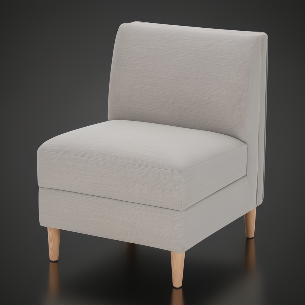 Light gray upholstered Stinson banquette chair with natural ash wood legs and side cut-out detail.