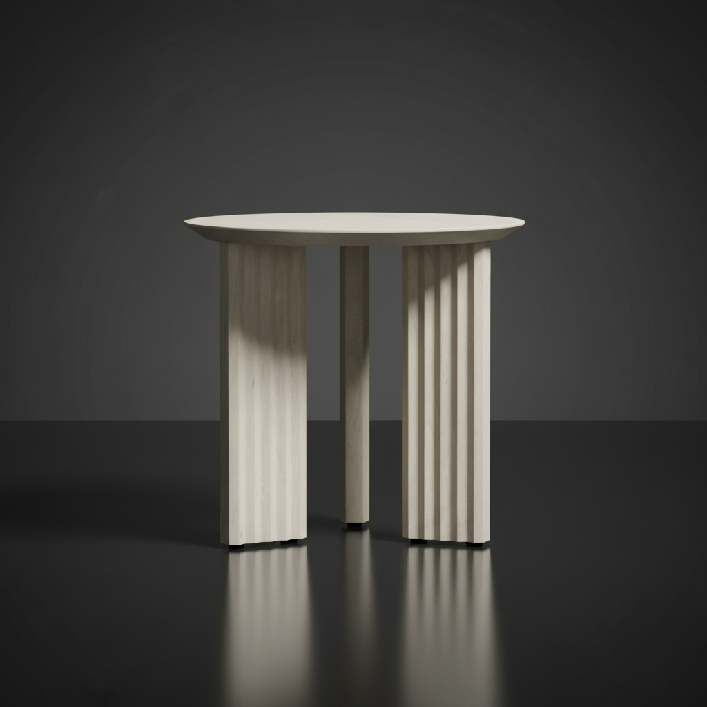 White washed mango wood round end table with beveled edge top and zigzag fluted legs.