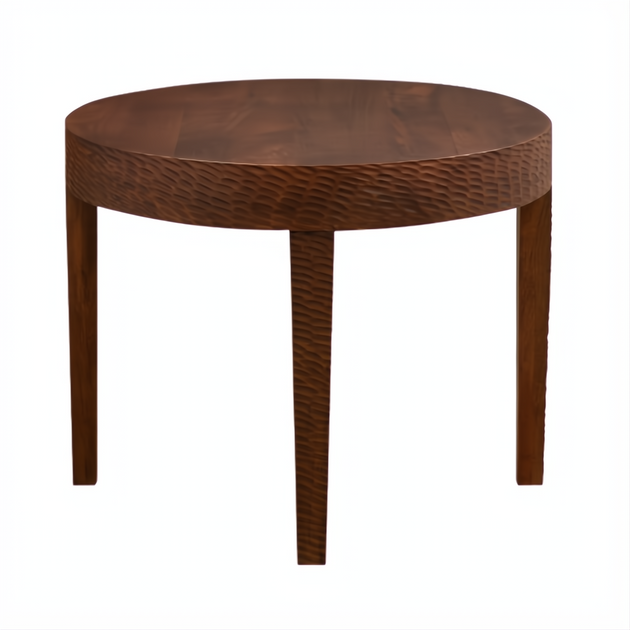 Dobbin End Table: Round brown mango wood table with carved texture on the side and three tapered legs.