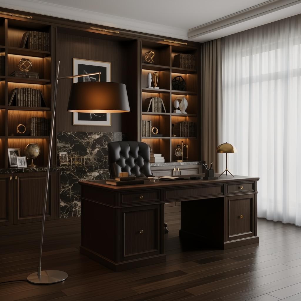 Tall, sleek black Astro Accent Floor Lamp by Surya with a wide shade, illuminating a luxurious home office.
