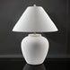 Surya Arion accent table lamp with a cream ceramic base and white linen shade.