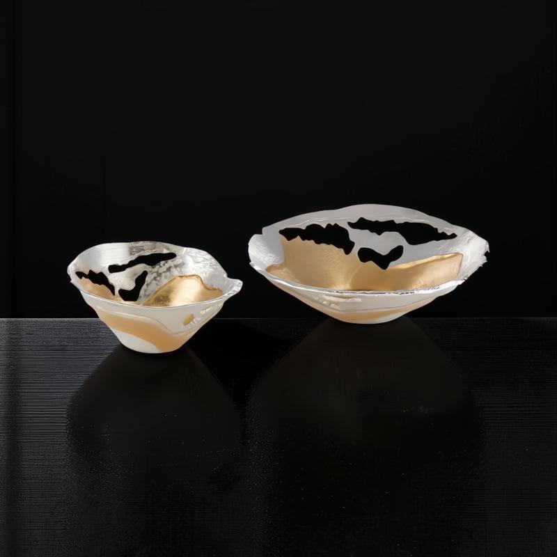 Two Surya Ambrosia AOA-003 aluminum decorative bowls with metallic silver and gold finishes.