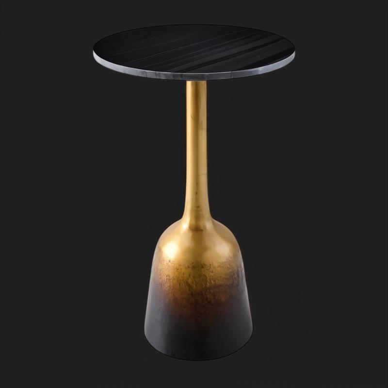 Minimalist Surya Alva end table with a black marble top and metallic bronze ombre iron base.