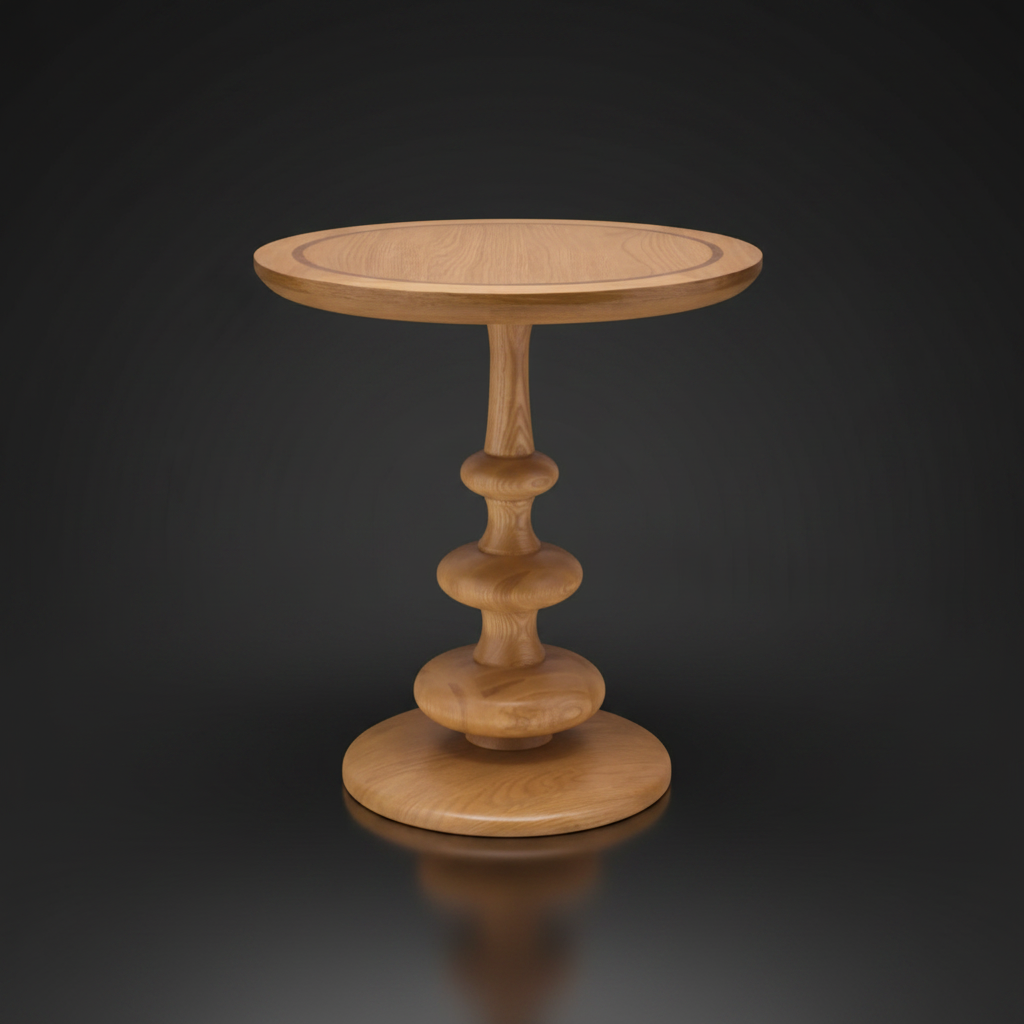 Surya Adour round end table with a brown and dark brown wood veneer top and sculptural oak base.