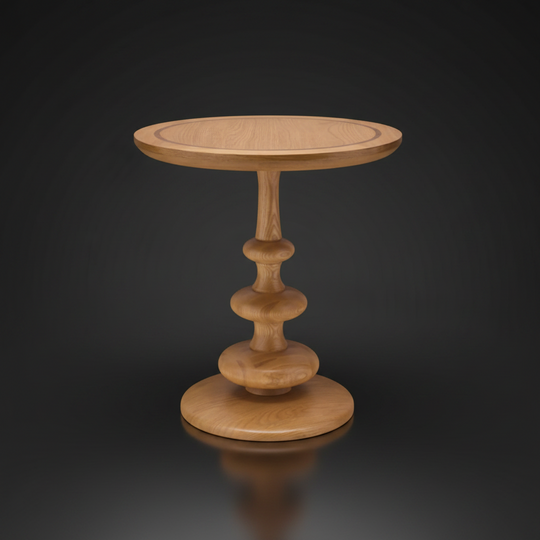 Surya Adour round end table with a brown and dark brown wood veneer top and sculptural oak base.