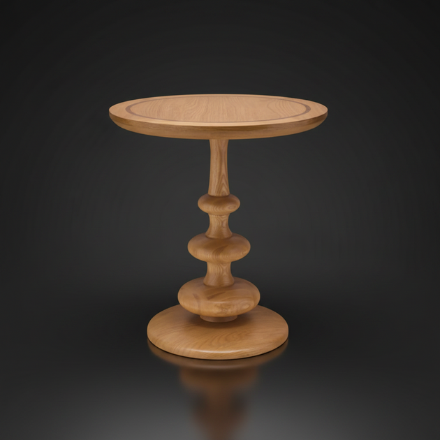 Surya Adour round end table with a brown and dark brown wood veneer top and sculptural oak base.