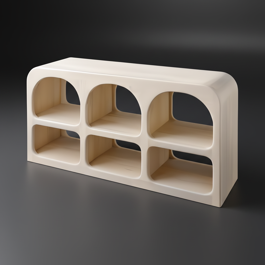 Surya Tana Console Table: Ivory washed mango wood console with six arched display shelves.
