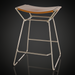 Modern counter stool with a brown leather saddle seat and metallic bronze iron frame.