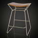 Modern counter stool with a brown leather saddle seat and metallic bronze iron frame.
