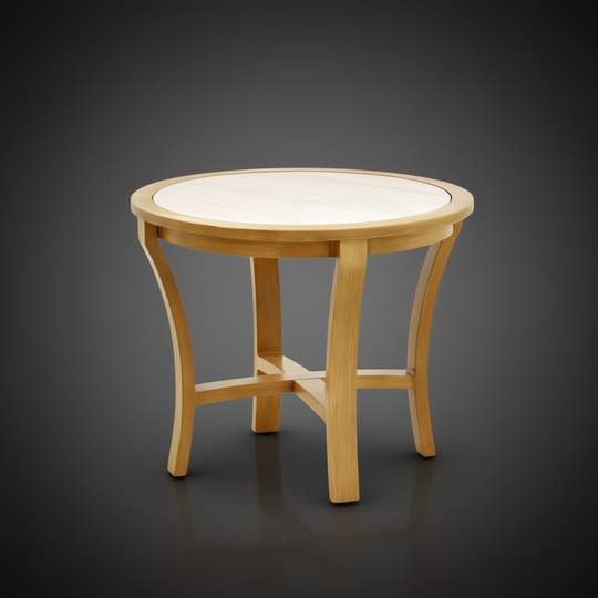 Surya Cape Town 24" round beige stone and aluminum end table with curved wooden legs.