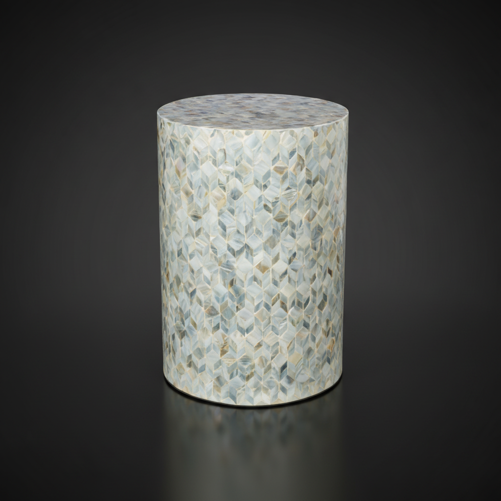 Surya Iridescent End Table, round, with multi-tone shell detailing in tan, ivory, gray, denim, and ice blue.