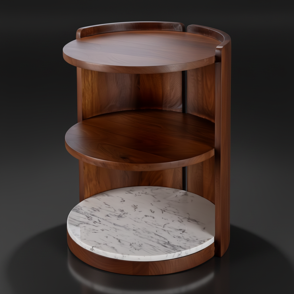 Modern dark brown mango wood end table with two wood shelves and a white marble bottom shelf.