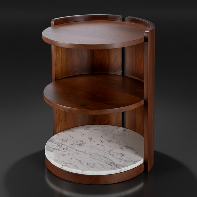 Modern dark brown mango wood end table with two wood shelves and a white marble bottom shelf.