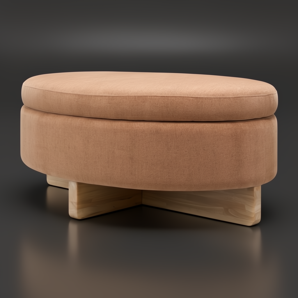 Surya Corson storage ottoman with a peach upholstered top, brown base, and light wood legs.