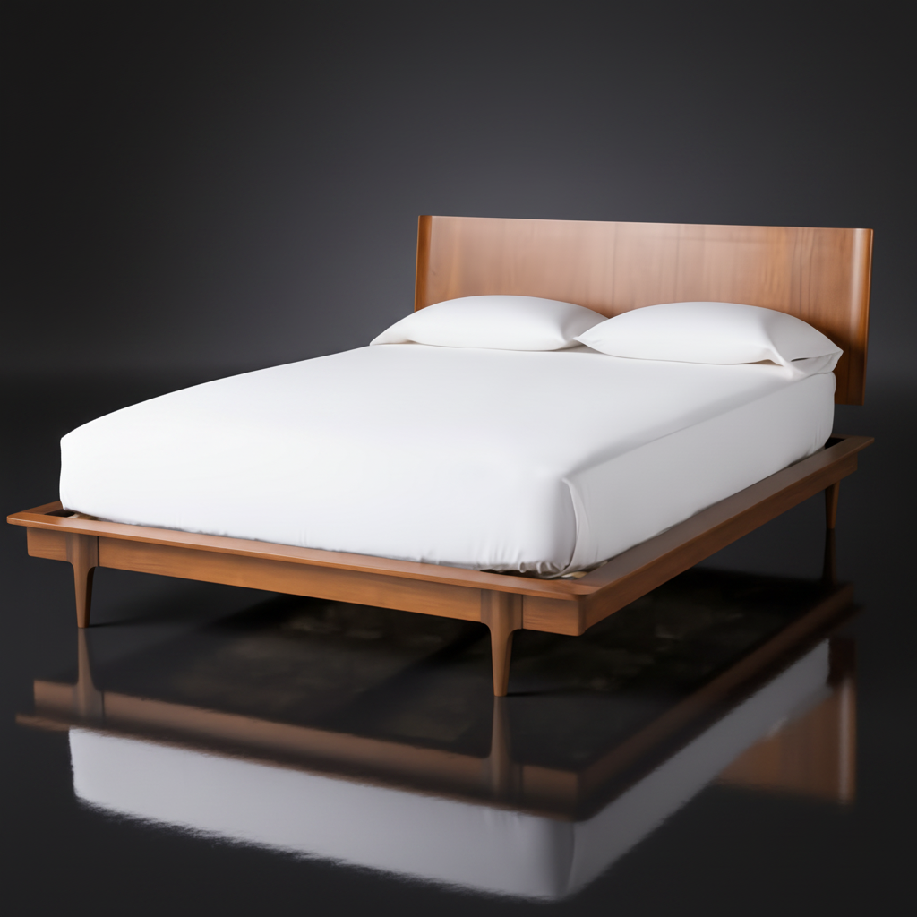Grande King/CA King wood bed with a minimalist modern design and brown poplar finish.