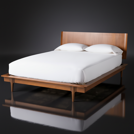 Grande King/CA King wood bed with a minimalist modern design and brown poplar finish.