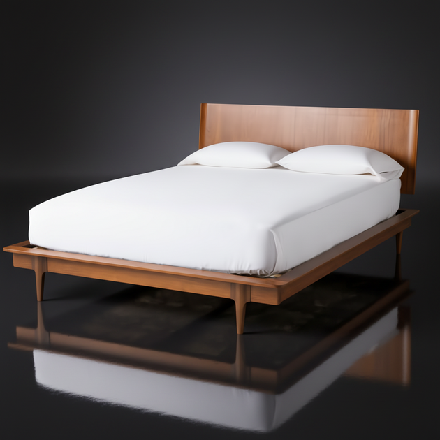 Grande King/CA King wood bed with a minimalist modern design and brown poplar finish.