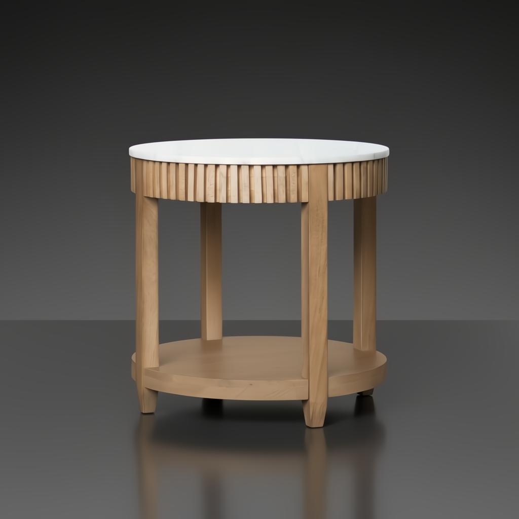 Surya Rosemary end table with white marble top and natural fluted mango wood base.