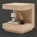 Light brown mango wood end table with open storage, a lamp, books, and pampas grass.