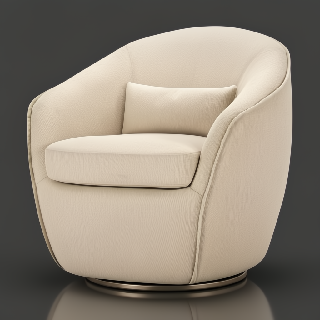 Beige Surya Ariah swivel chair with polyester upholstery, a small lumbar pillow, and a black iron base.
