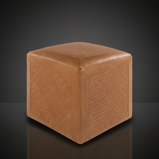 Brown leather cube ottoman with woven texture, 18" H x 18" W x 18" D.