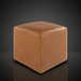 Brown leather cube ottoman with woven texture, 18" H x 18" W x 18" D.