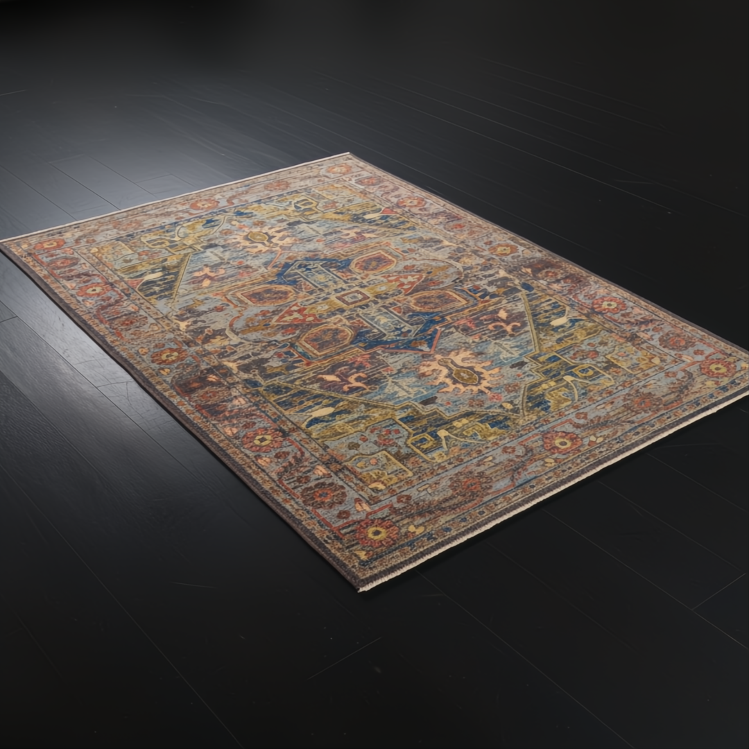 Hand-knotted Surya Cappadocia wool rug in Dusty Sage, Mauve, Blue, Mustard, and Olive with intricate traditional patterns.