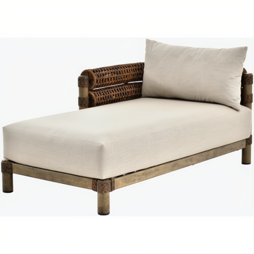 Brown Surya Porta sectional left arm chaise with light beige Sunbrella cushions and woven wicker armrest.