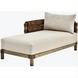 Brown Surya Porta sectional left arm chaise with light beige Sunbrella cushions and woven wicker armrest.