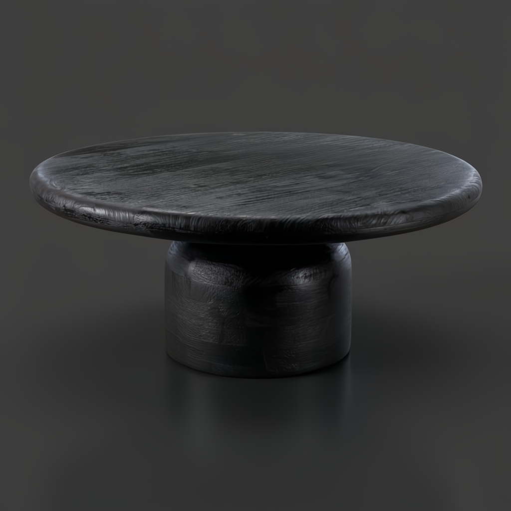 Surya Koben black sandblasted mango wood coffee table with a round top and turned base.