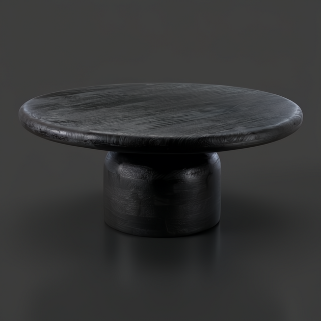 Surya Koben black sandblasted mango wood coffee table with a round top and turned base.