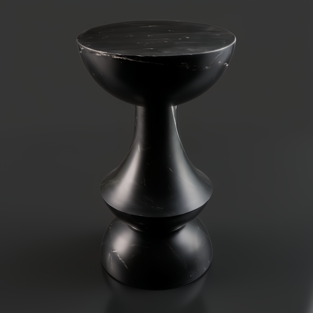 Surya Sheena black marble end table, 20"H, with a round top and hourglass-shaped base, industrial rustic style.