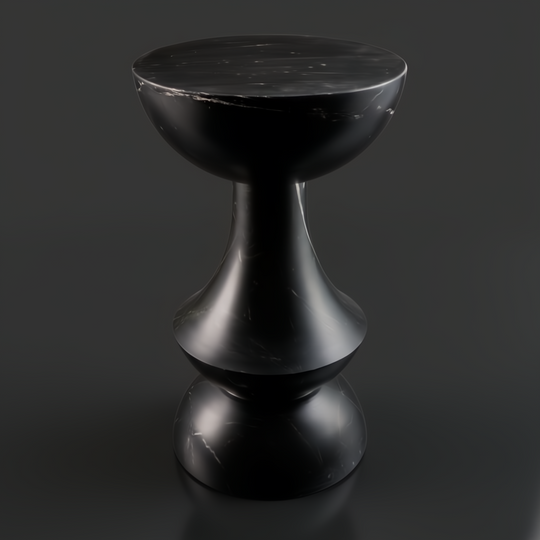 Surya Sheena black marble end table, 20"H, with a round top and hourglass-shaped base, industrial rustic style.