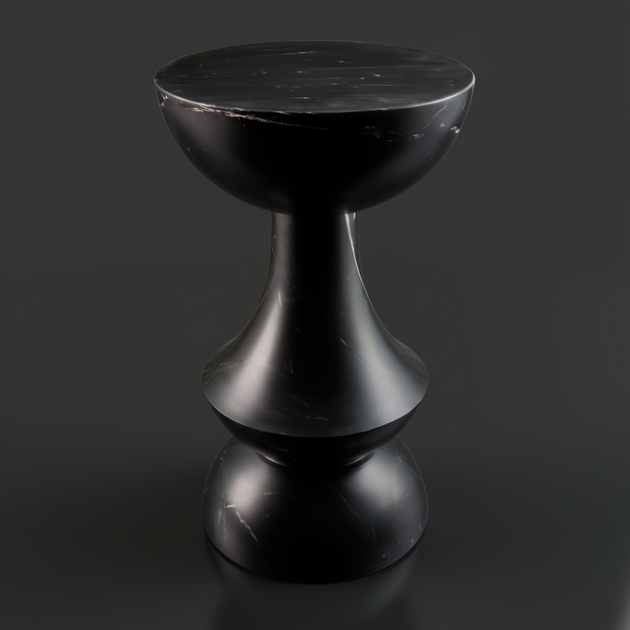 Surya Sheena black marble end table, 20"H, with a round top and hourglass-shaped base, industrial rustic style.