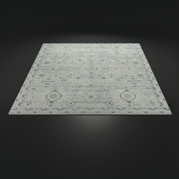 Surya Almeria ALM2302 hand-knotted low pile area rug in Dusty Sage with multi-tone geometric patterns.