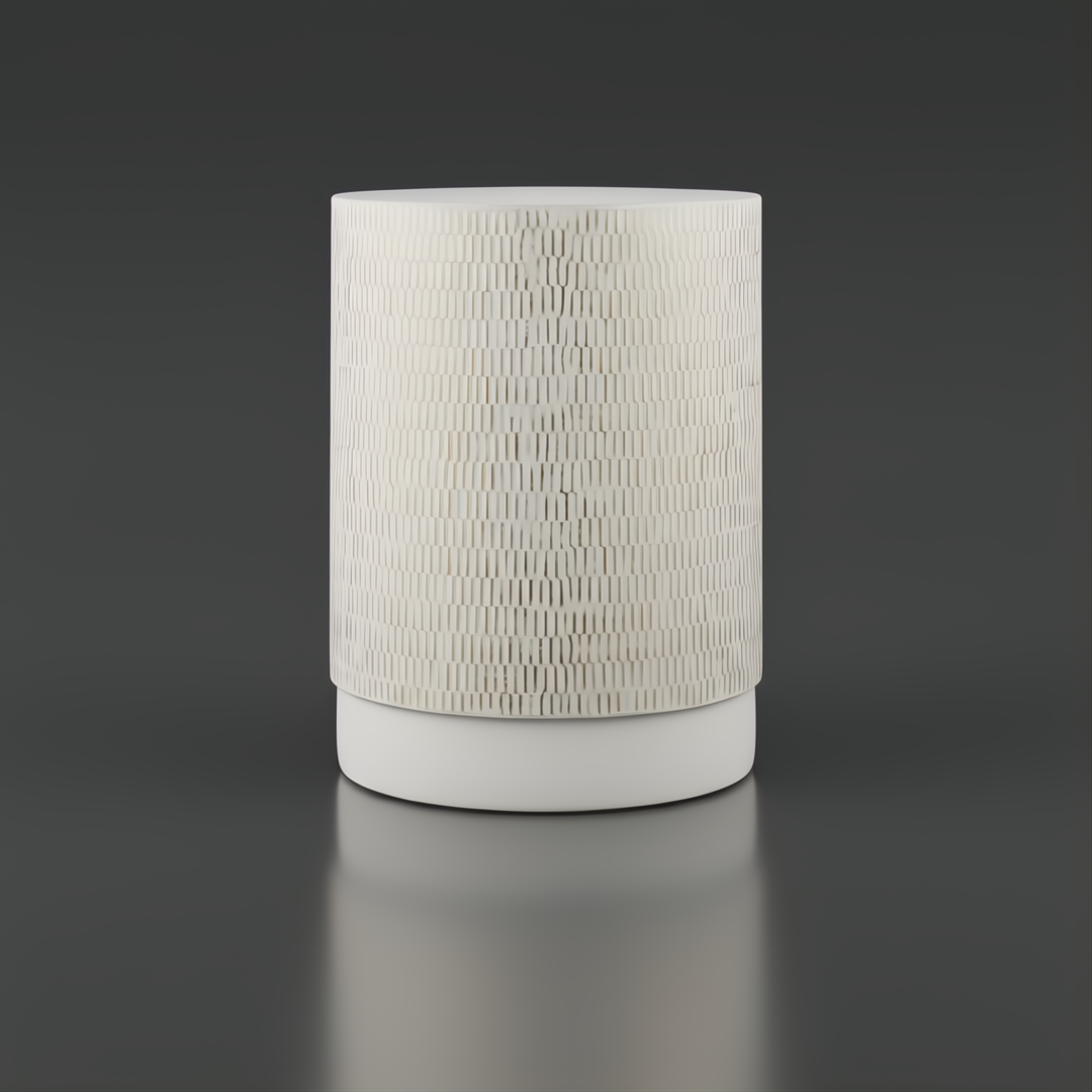 White cylindrical container with a textured, ribbed pattern and a smooth base.