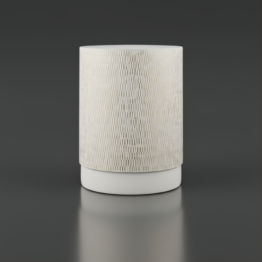 White cylindrical container with a textured, ribbed pattern and a smooth base.