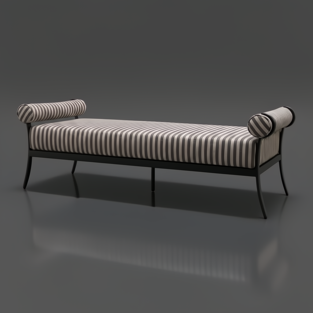 Surya Antibes outdoor bench with brown and beige striped Sunbrella upholstery, black aluminum base, and bolster arms.
